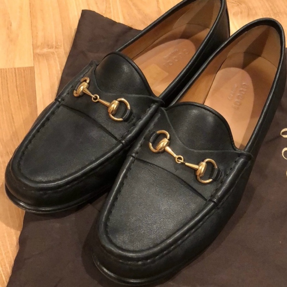 Gucci Black Leather Loafers with Gold Accents